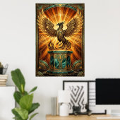 Golden Phoenix Rising Art Deco Illustration ポスター (ホームオフィス)