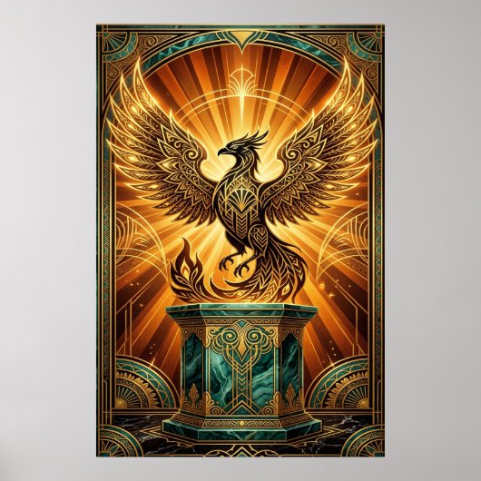 Golden Phoenix Rising Art Deco Illustration ポスター (正面)