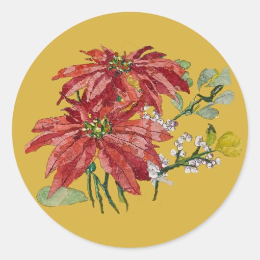 Golden Poinsettia | Fine Art Christmas Sticker ラウンドシール (正面)