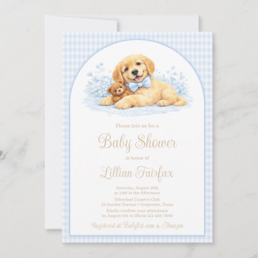 Golden Puppy Baby Shower Invitation for Boy – Blue 招待状 (正面)