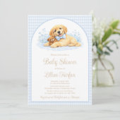 Golden Puppy Baby Shower Invitation for Boy – Blue 招待状 (スタンド正面)