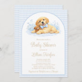 Golden Puppy Baby Shower Invitation for Boy – Blue 招待状 (正面/裏面)