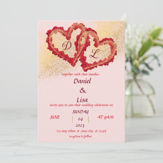 Golden red hearts wedding invitation 招待状 (スタンド正面)