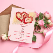 Golden red hearts wedding invitation 招待状