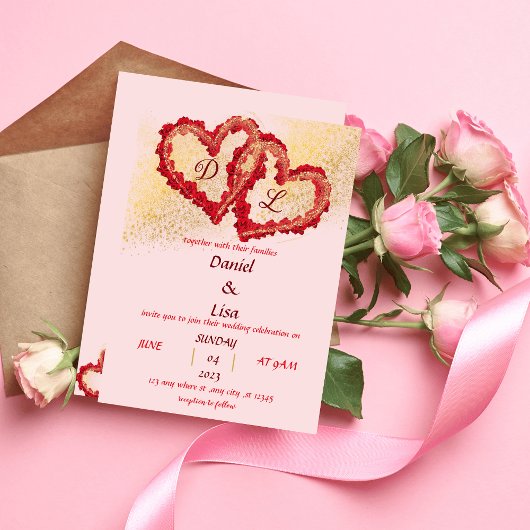 Golden red hearts wedding invitation 招待状