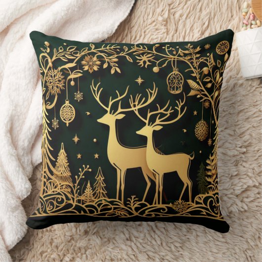 Golden Reindeer & Ornaments クッション (ブランケット)