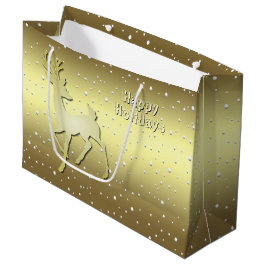 Golden Reindeer Snowy Holiday Gift Bag ラージペーパーバッグ