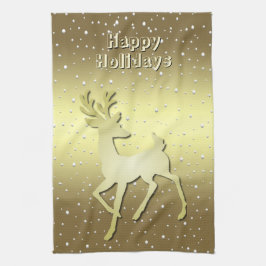 Golden Reindeer Snowy Holiday Kitchen Towel キッチンタオル