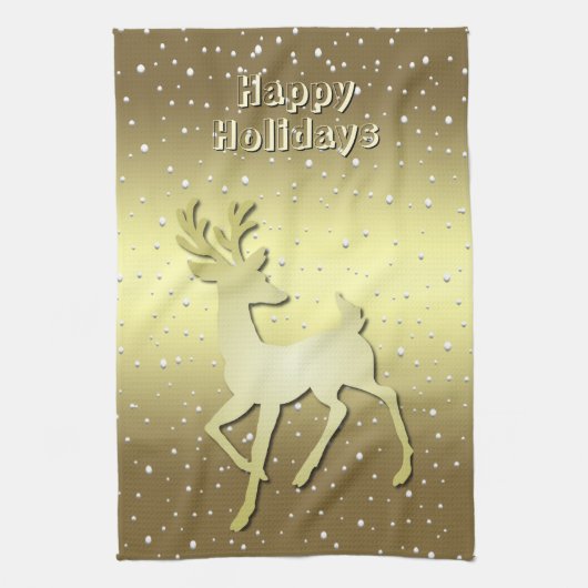 Golden Reindeer Snowy Holiday Kitchen Towel キッチンタオル (縦)