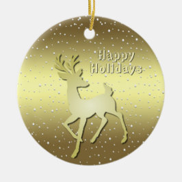 Golden Reindeer Snowy Holiday Ornament セラミックオーナメント