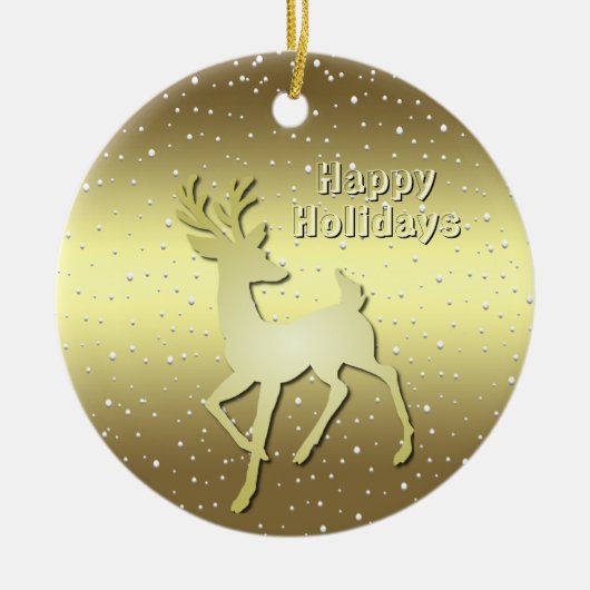 Golden Reindeer Snowy Holiday Ornament セラミックオーナメント (正面)