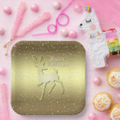 Golden Reindeer Snowy Holiday Paper Plate ペーパープレート (パーティー)