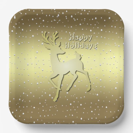 Golden Reindeer Snowy Holiday Paper Plate ペーパープレート (正面)