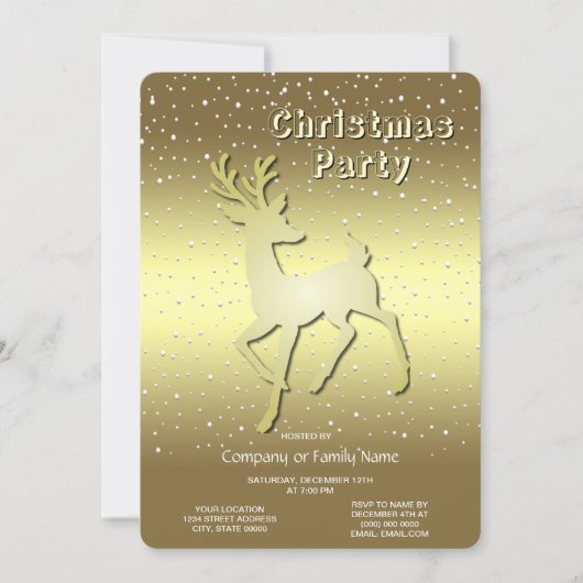 Golden Reindeer Snowy Holiday Party Invitation 招待状 (正面)