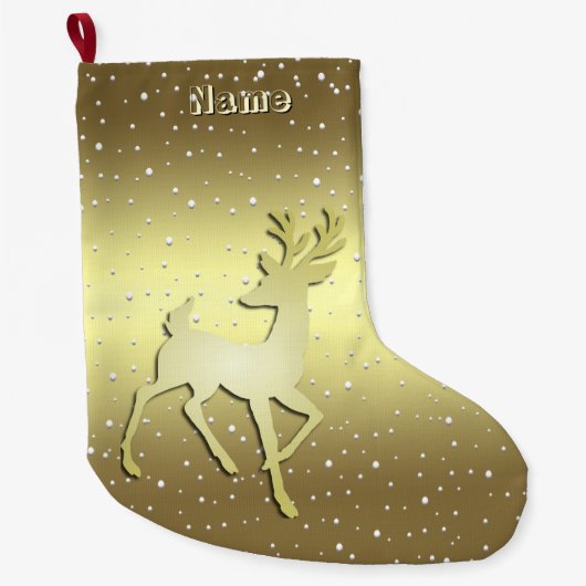 Golden Reindeer Snowy Holiday Stocking ラージクリスマスストッキング (正面)