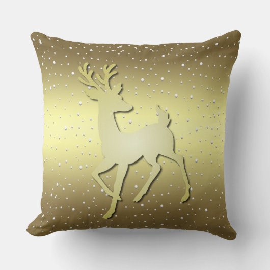 Golden Reindeer Snowy Holiday Throw Pillow クッション (正面)