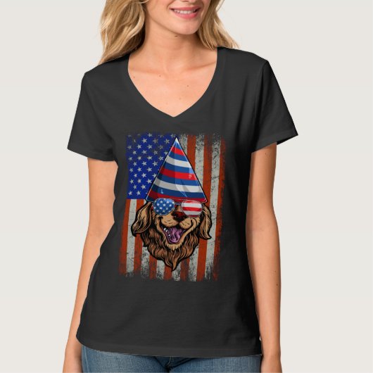 Golden Retriever 4th of July Flag American Sunglas Tシャツ (正面)