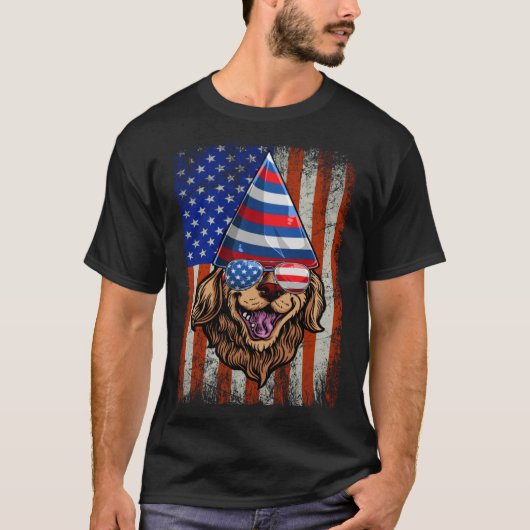 Golden Retriever 4th of July Flag American Sunglas Tシャツ (正面)