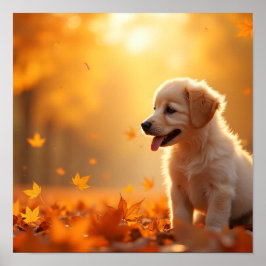 Golden Retriever 8K Puppy in Autumn Maple Leaves ポスター