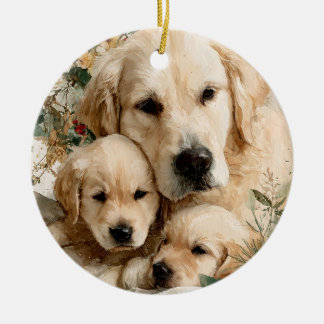Golden Retriever and Puppies Vintage Christmas セラミックオーナメント