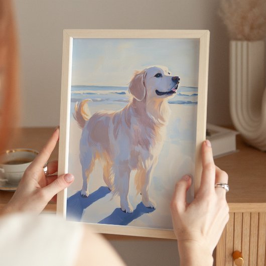Golden Retriever at the Beach Coastal Art Print ポスター