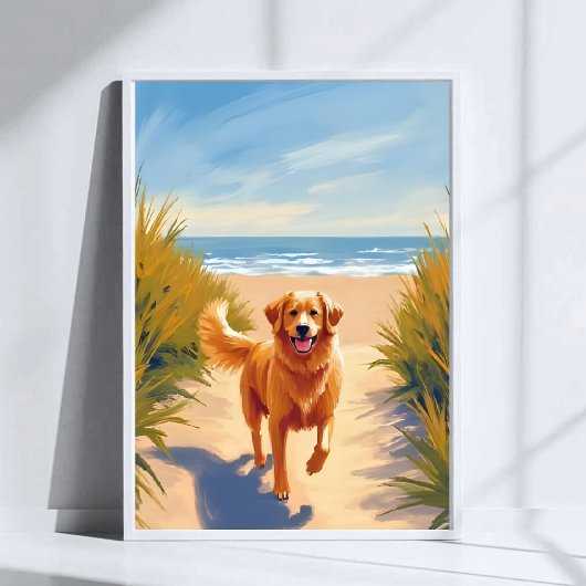 Golden Retriever Beach Path | Ocean Dog Pet ポスター