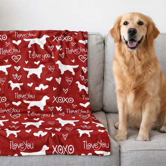 Golden Retriever Blanket with Heart Doodles  フリースブランケット