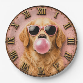 Golden Retriever Blowing Pink Bubble Gum ペーパープレート