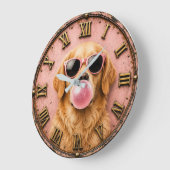 Golden Retriever Blowing Pink Bubble Gum ラージ壁時計 (傾斜)