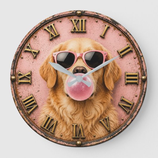 Golden Retriever Blowing Pink Bubble Gum ラージ壁時計 (正面)