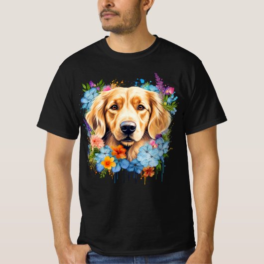 Golden Retriever Blue Wildflowers Watercolor Tシャツ (正面)