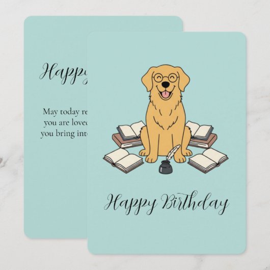 Golden Retriever Bookworm Opal Birthday Greeting 招待状 (正面/裏面)