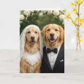 Golden Retriever Bride and Groom Congratulations カード (黄色い花)