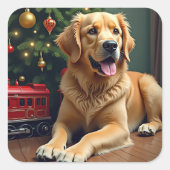 Golden Retriever by the Toy Train Christmas スクエアシール (正面)