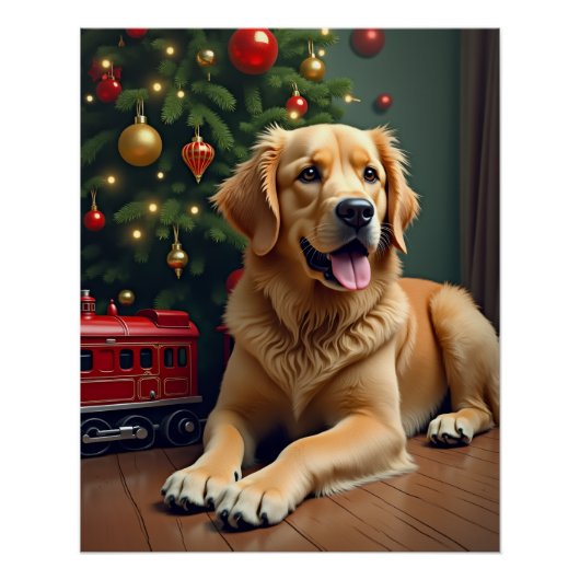 Golden Retriever by the Toy Train Christmas ポスター (正面)