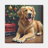 Golden Retriever by the Toy Train Christmas マグネット (正面)