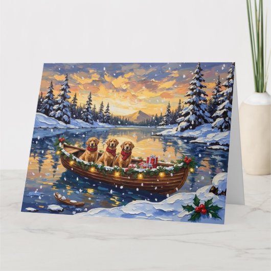 Golden Retriever Christmas Boat Holiday カード (正面)
