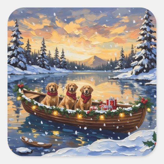Golden Retriever Christmas Boat Holiday スクエアシール (正面)