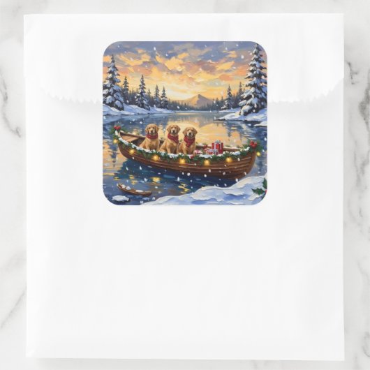 Golden Retriever Christmas Boat Holiday スクエアシール (バッグ)