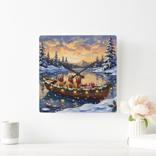 Golden Retriever Christmas Boat Holiday スクエア壁時計 (ホーム)
