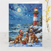 Golden Retriever Christmas Lighthouse Holiday カード (黄色い花)
