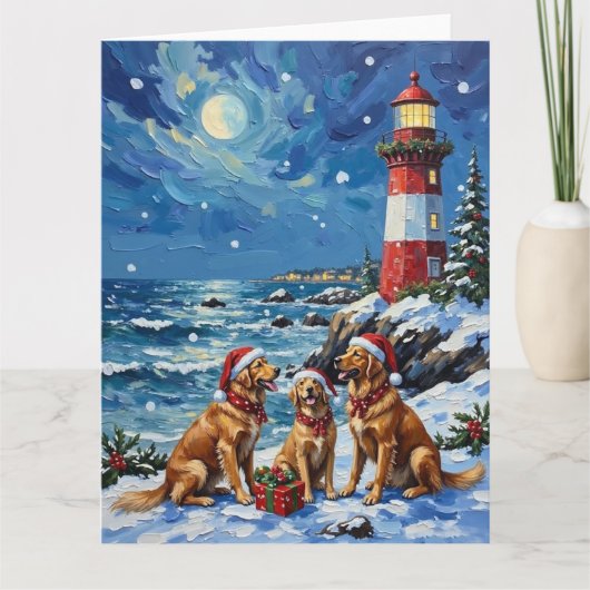 Golden Retriever Christmas Lighthouse Holiday カード (正面)
