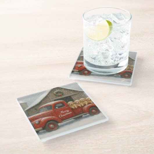 Golden Retriever Christmas Puppies in Old Truck ガラスコースター (アングル)