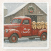Golden Retriever Christmas Puppies in Old Truck ガラスコースター (正面)