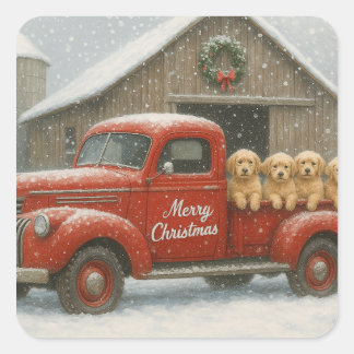 Golden Retriever Christmas Puppies in Old Truck スクエアシール
