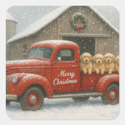 Golden Retriever Christmas Puppies in Old Truck スクエアシール (正面)
