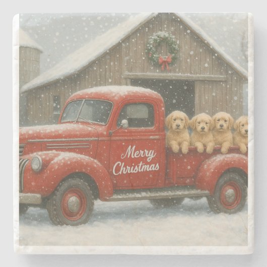 Golden Retriever Christmas Puppies in Old Truck ストーンコースター (正面)