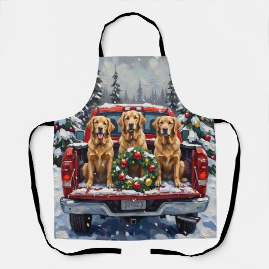 Golden Retriever Christmas Red Truck Holiday エプロン (正面)