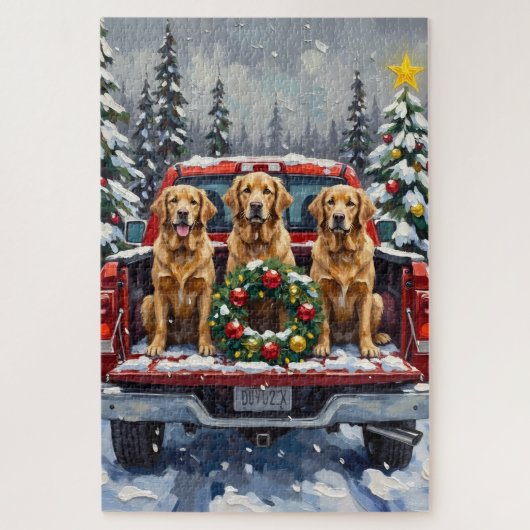 Golden Retriever Christmas Red Truck Holiday ジグソーパズル (縦)
