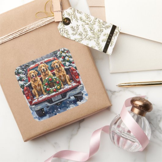 Golden Retriever Christmas Red Truck Holiday スクエアシール (ギフト)